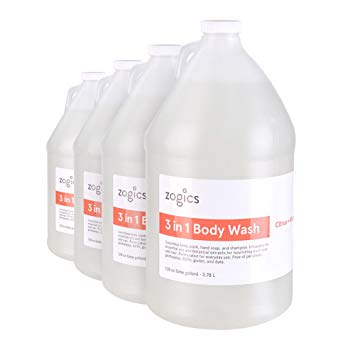 Zogics Body Wash, Shampoo and Hand Soap, Citrus + Aloe Scented 3-in-1 Liquid Soap (4 Gallons/Case)
